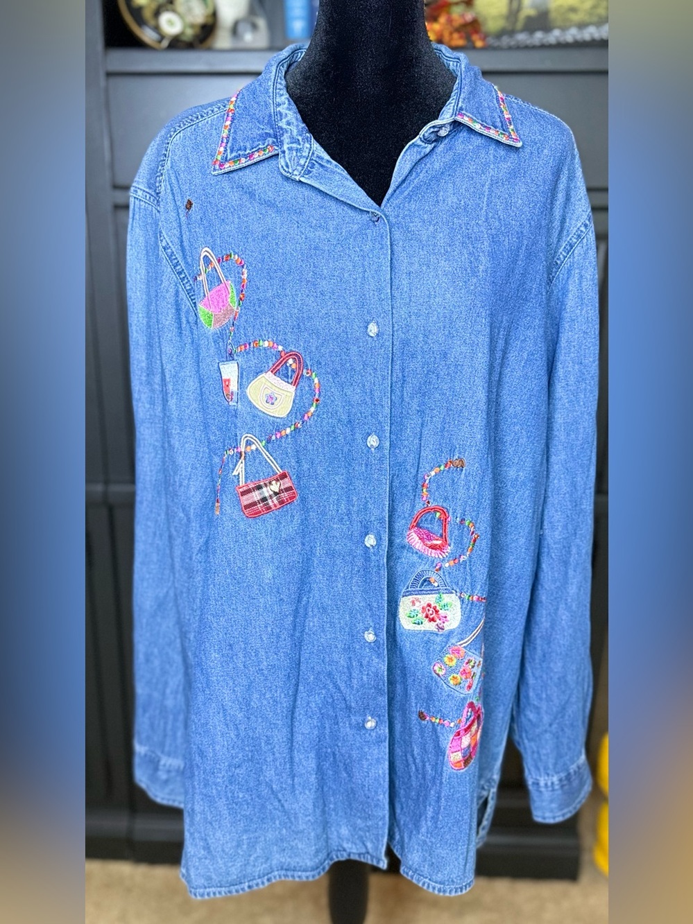 Vintage Y2K Bobbie Brooks beaded embroidered fun purse bag lovers denim shirt L